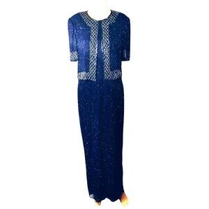 Navy Silk Floor Length Formal Gown Dress Size M Beads Short Jacket Straight